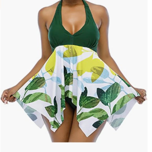 Green Modest Print Exquisite Ring Top with Boyshort Swimsuits - Picture 3 of 6